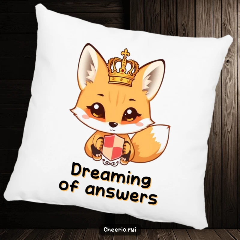 Funny fox with wide eyes gazing at a tiny royal crest on a plush pillow. A snug funny gift.