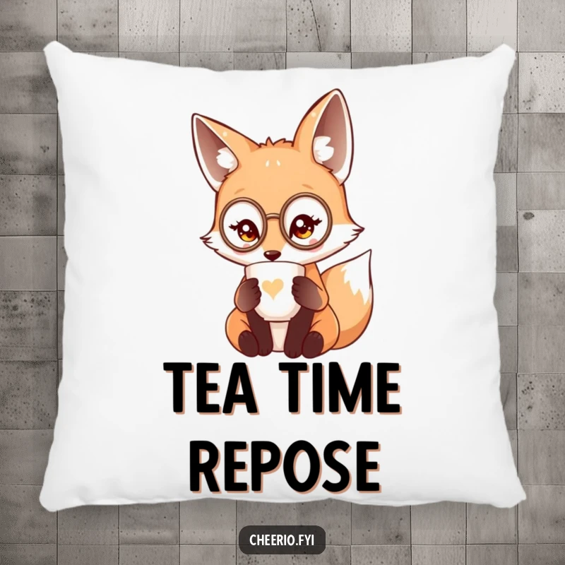 Funny cute fox wearing a miniature monocle sipping tea from a delicate cup, a soft decorative pillow.