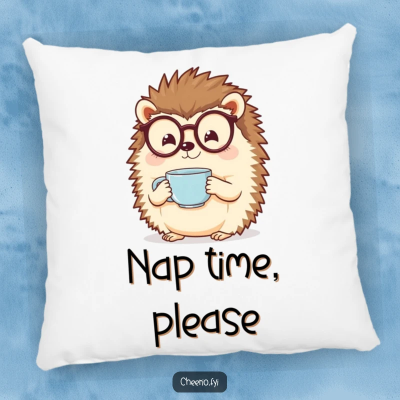 Funny Hedgehog Pillow: A cheerful hedgehog with spectacles holds a small teacup, offering plush comfort.