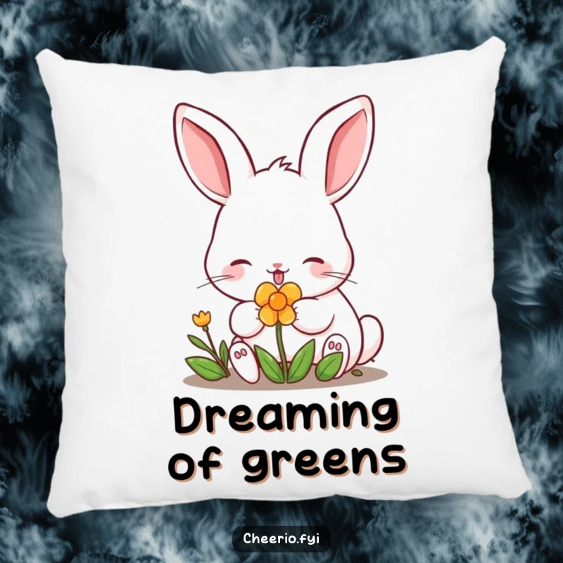 Funny rabbit with perked ears contentedly nibbling a clover on a plush pillow. A cozy funny gift.