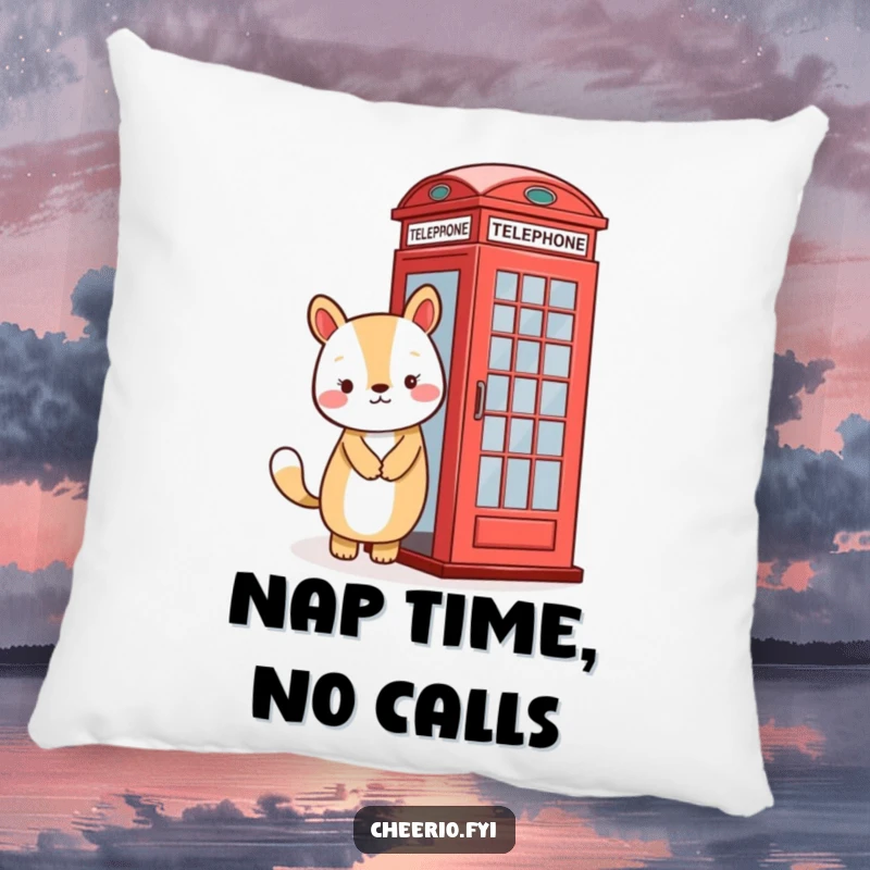 Funny pillow featuring a smiling animal character positioned beside a classic red telephone booth, evoking a friendly mood.