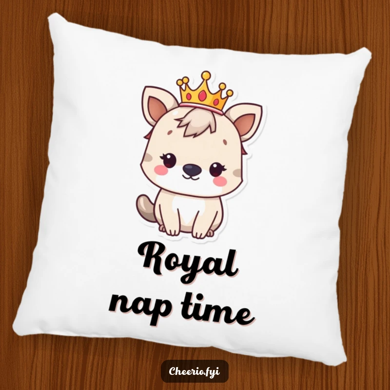 Funny British animal character wearing a small crown, looking regal and comfy, featured on a soft pillow.