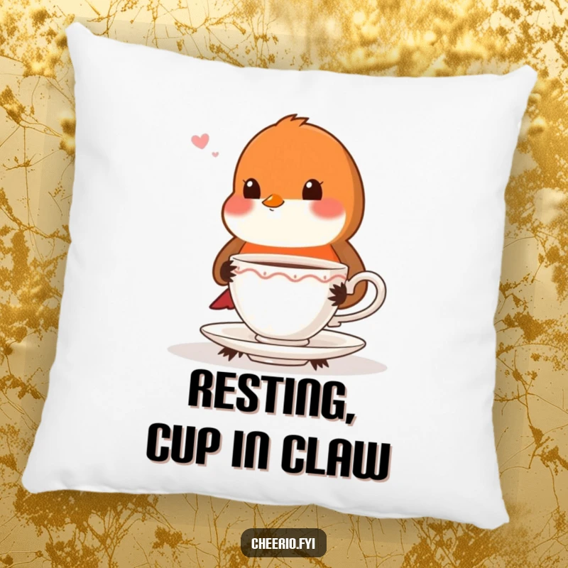 Funny playful robin with very proper posture offering a teacup, a soft decorative pillow.
