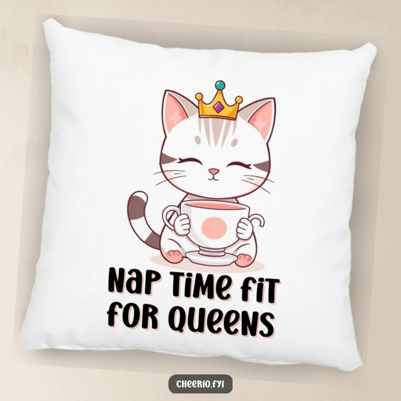 Funny pillow with a cute, crowned cat meditating on a floating teacup, offering plush comfort and a touch of funny elegance.