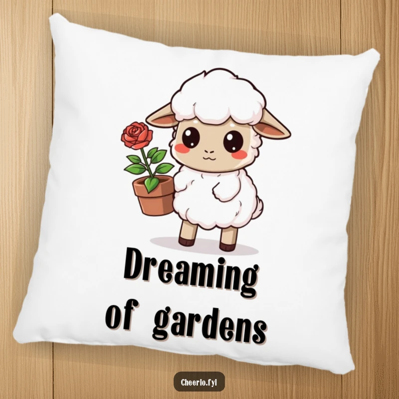 Funny Sheep Pillow: A determined sheep carries a potted rose, providing comfort and charming humor for any space. A perfect funny gift.