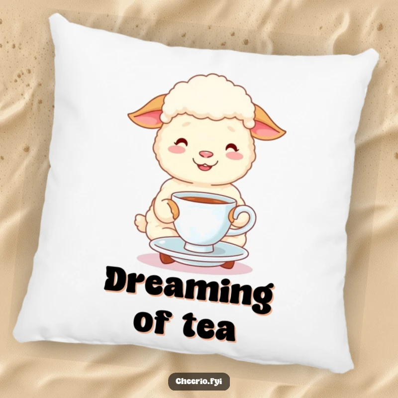 Funny happy sheep sips tea from a cup and saucer on a soft decorative pillow, a humorous and cute accent.