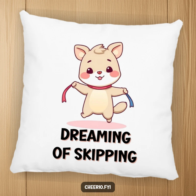 Funny pillow depicting a cheerful animal with a bright disposition, playfully skipping rope with a ribbon, adding a touch of energy.