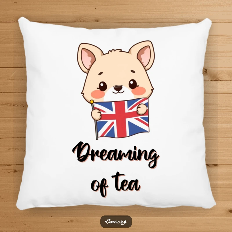 Funny pillow featuring a happy animal character peeking from behind a Union Jack flag, adding comfort.