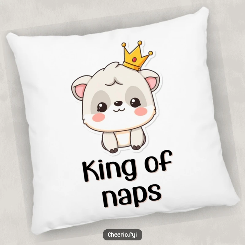 Funny pillow featuring a smiling animal character proudly displaying a tiny crown, adding comfort and elegance.