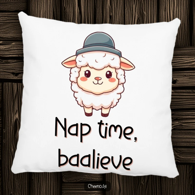 Funny sheep pillow with a soft, fluffy sheep character donning a miniature bowler hat, perfect for adding humor to any couch.