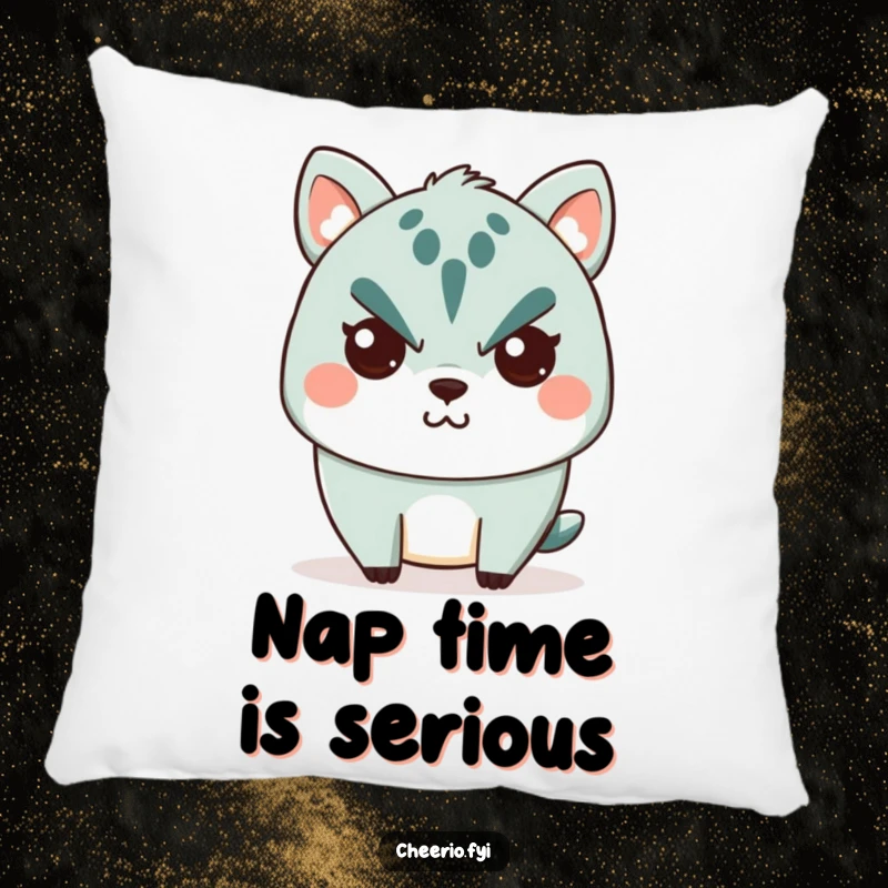 Funny Pillow: A cute animal character with a stern expression hiding a tiny, secret smile, bringing soft humor to your space.