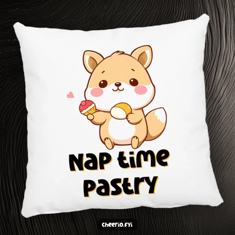 Funny pillow featuring a happy animal character offering a pastry, providing soft comfort and a sweet, humorous accent, great funny gift.