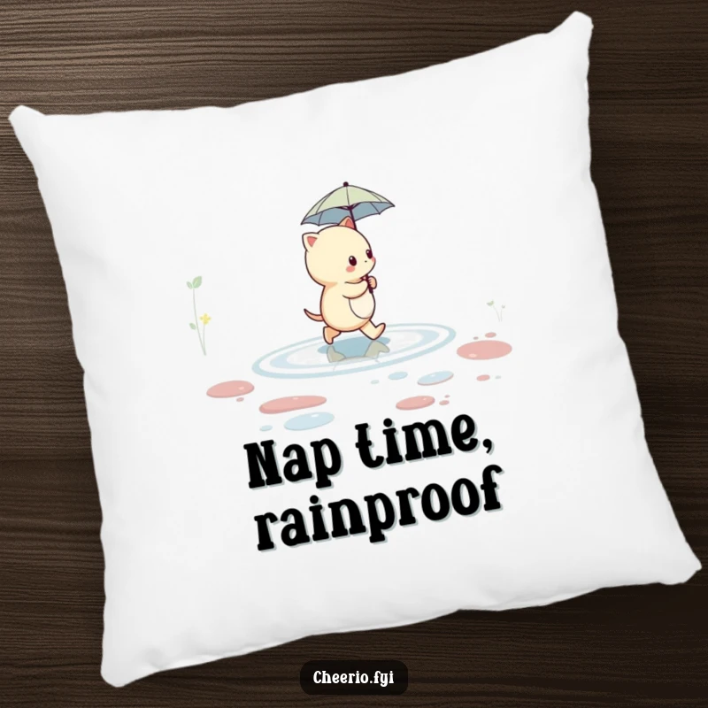 Funny creature with a small umbrella traversing a puddle, designed as a soft and humorous pillow.