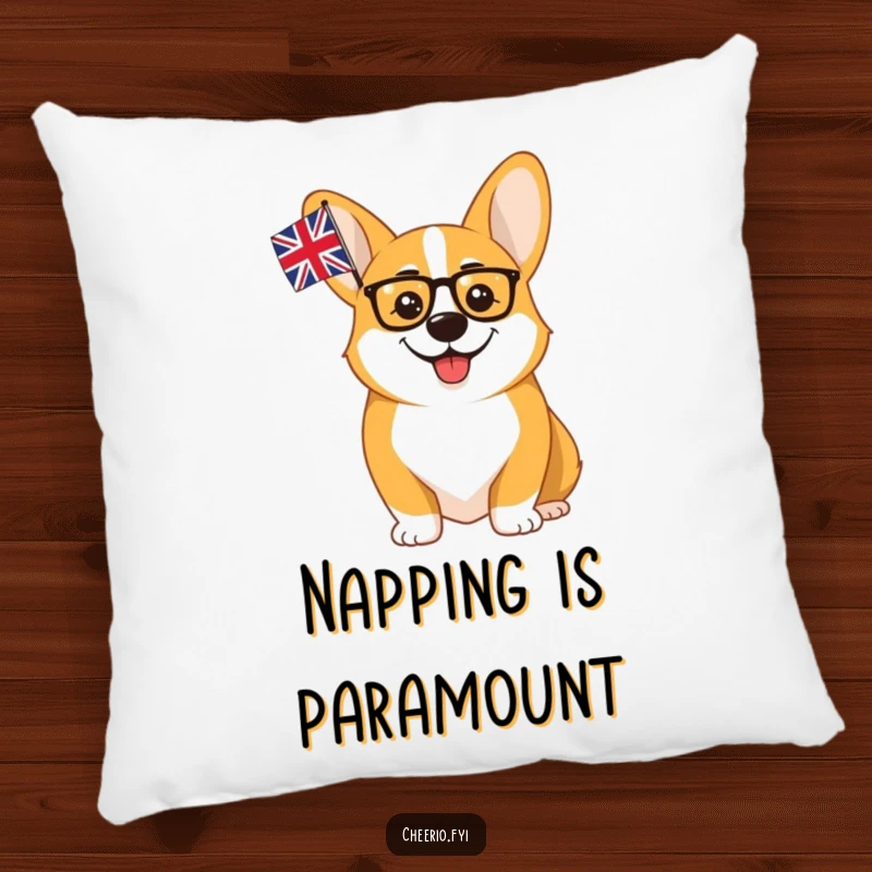 Funny Corgi Monocle Union Jack Pillow: A cheerful corgi with a monocle waves a union flag, offering comfy, humorous British charm.