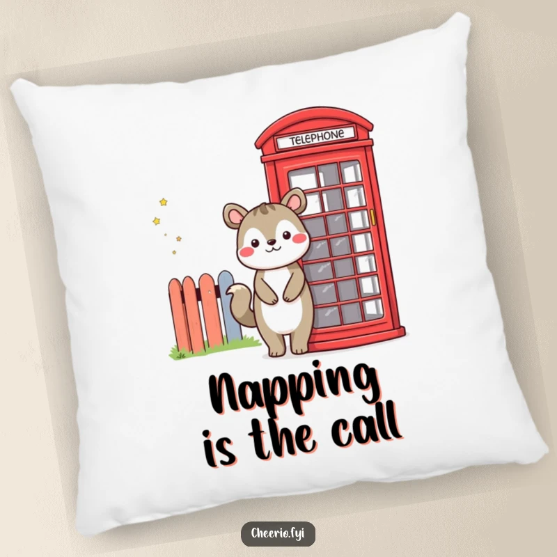 Funny decorative pillow with a smiling animal character beside a red telephone booth, perfect for adding cozy humor to any room.