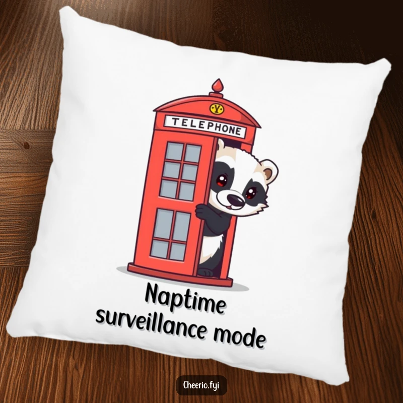 Funny badger pillow with a curious animal peeking from a red telephone box, providing comfort and a splash of British humor.