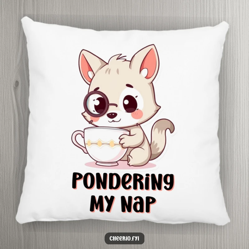 Funny pillow with a plush curious animal character wearing a monocle, examining a teacup, offering soft, sophisticated comfort.