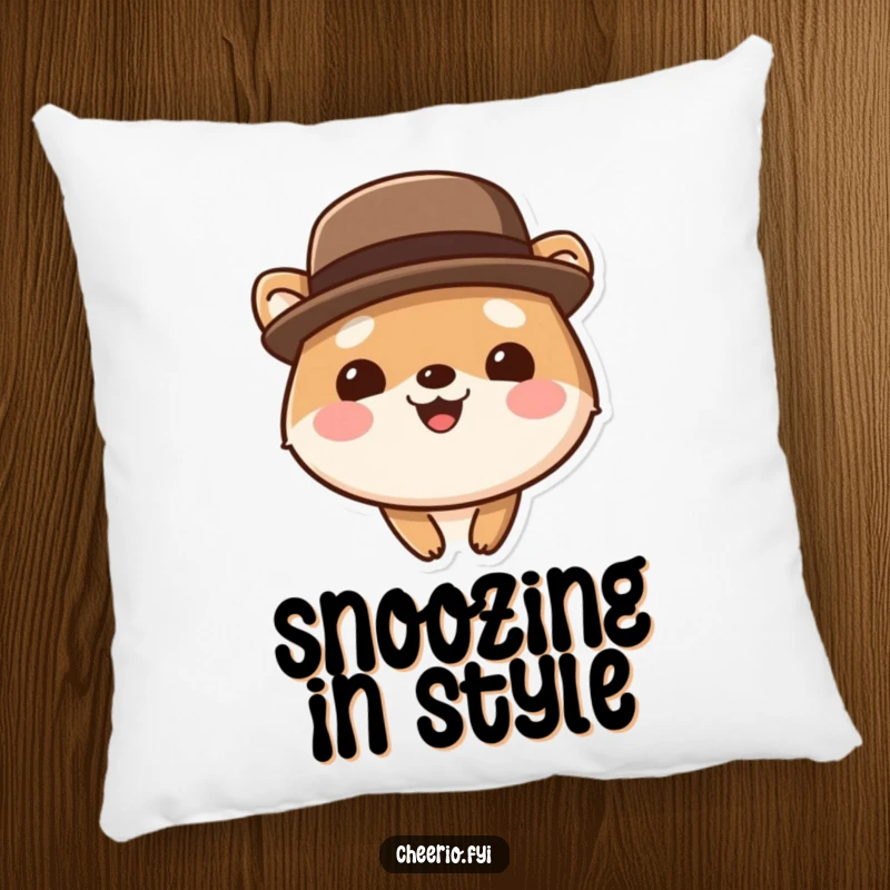Funny cute animal pillow wearing a bowler hat, smiling broadly, perfect for adding cozy, dapper humor to any room.