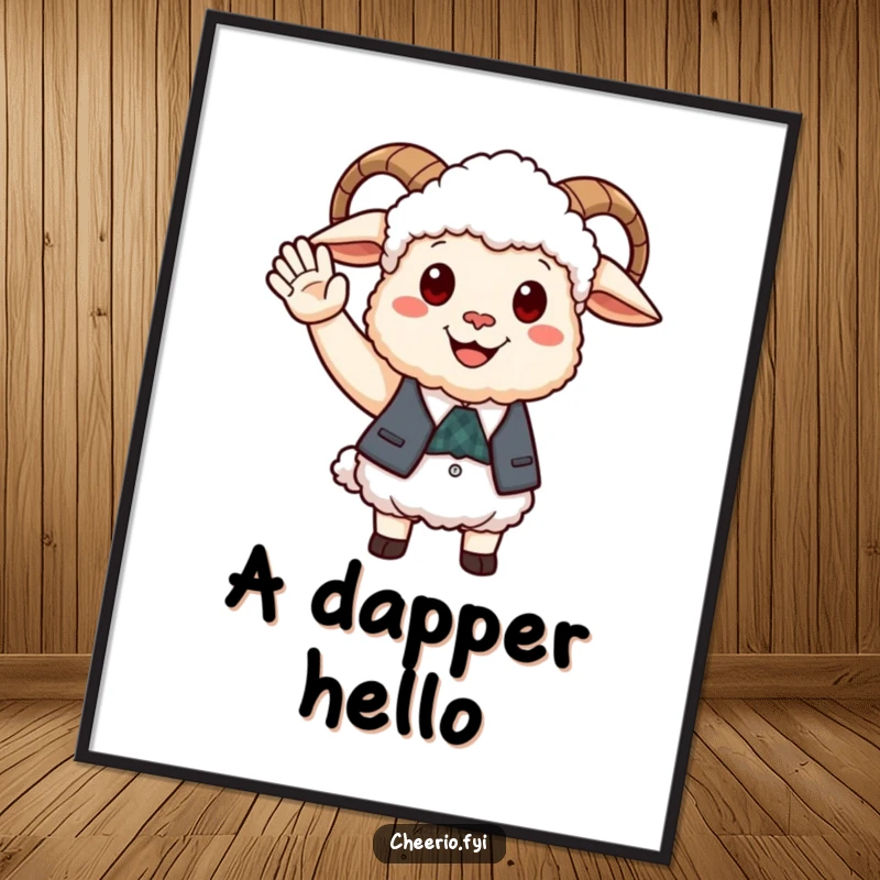 Funny happy sheep wearing a smart waistcoat offering a friendly wave, digital art print for download.