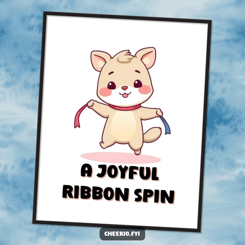 Funny digital art print of a cheerful animal with a bright disposition, energetically skipping rope with a ribbon, radiating fun.