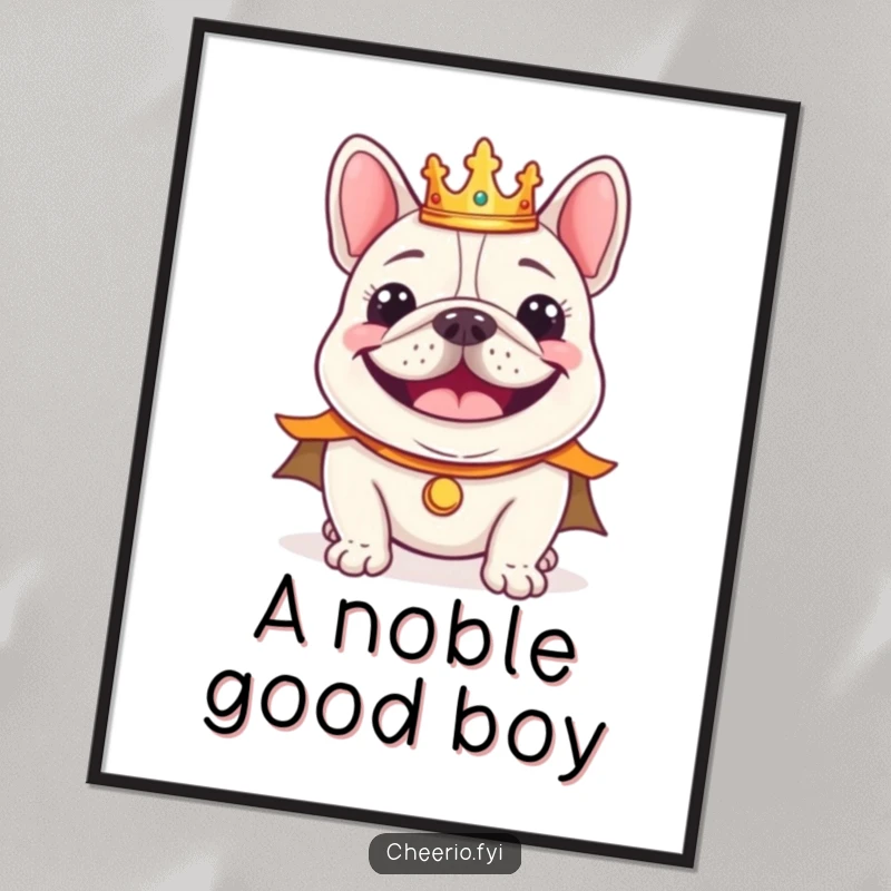 Funny cheerful bulldog wearing a tiny crown and regal cape smiling, digital art for instant download.