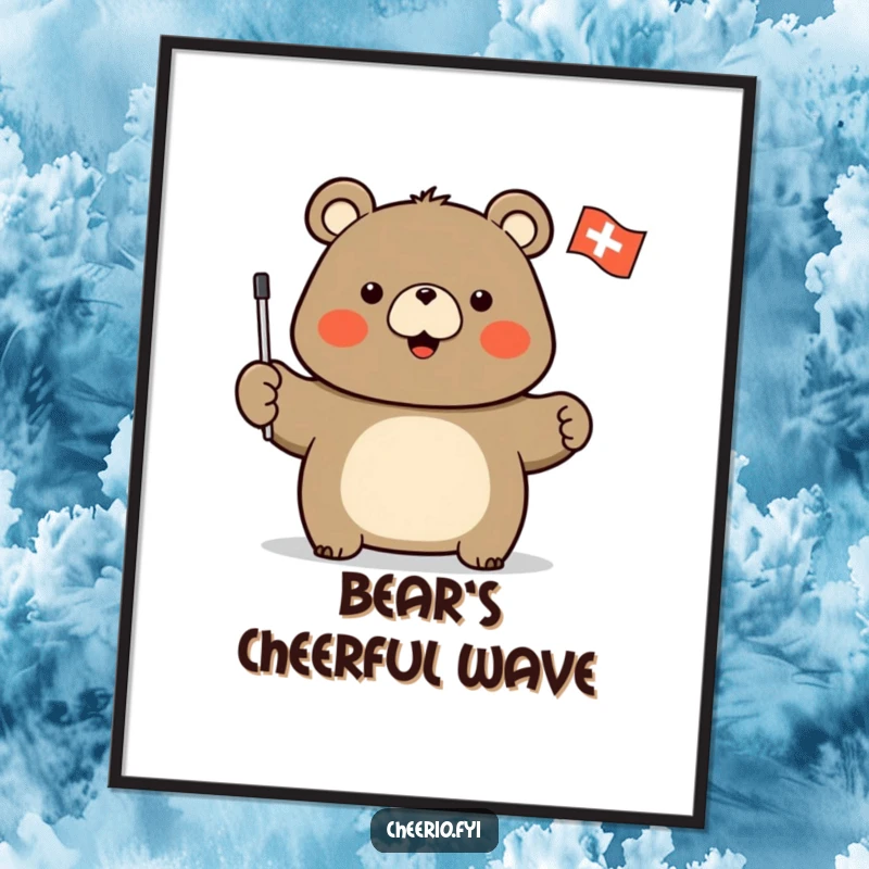 Funny digital art print of a stout bear character enthusiastically waving a flag with a white cross, symbolizing pride.