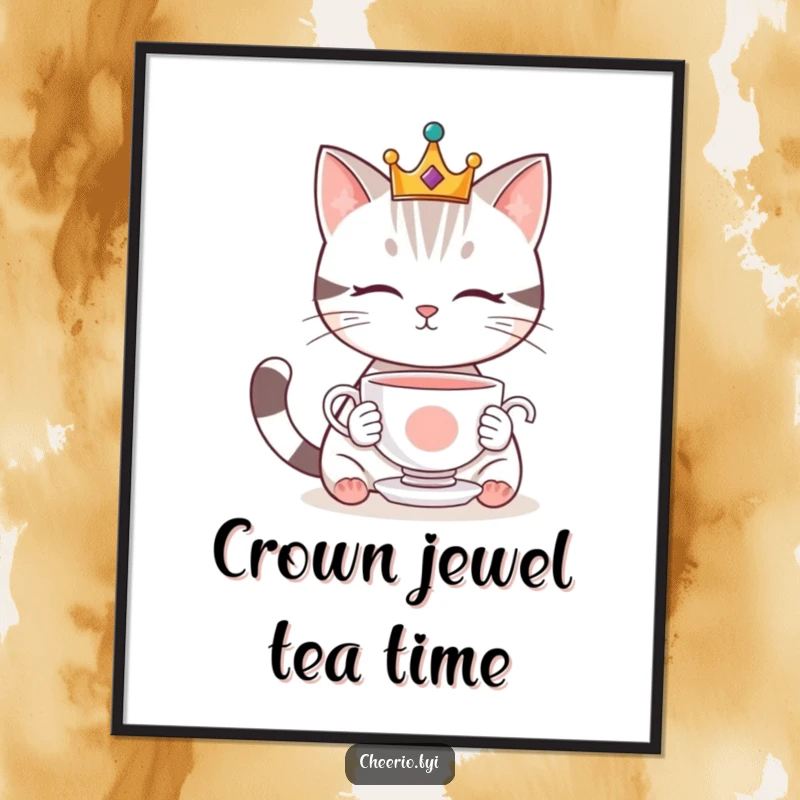 Funny digital art print of a cute cat wearing a crown, gazing elegantly at a floating teacup, ready to beautify any space.