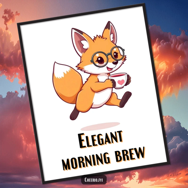 Funny digital art print of a leaping fox wearing a monocle and holding a tiny teacup, offering instant sophisticated decor.