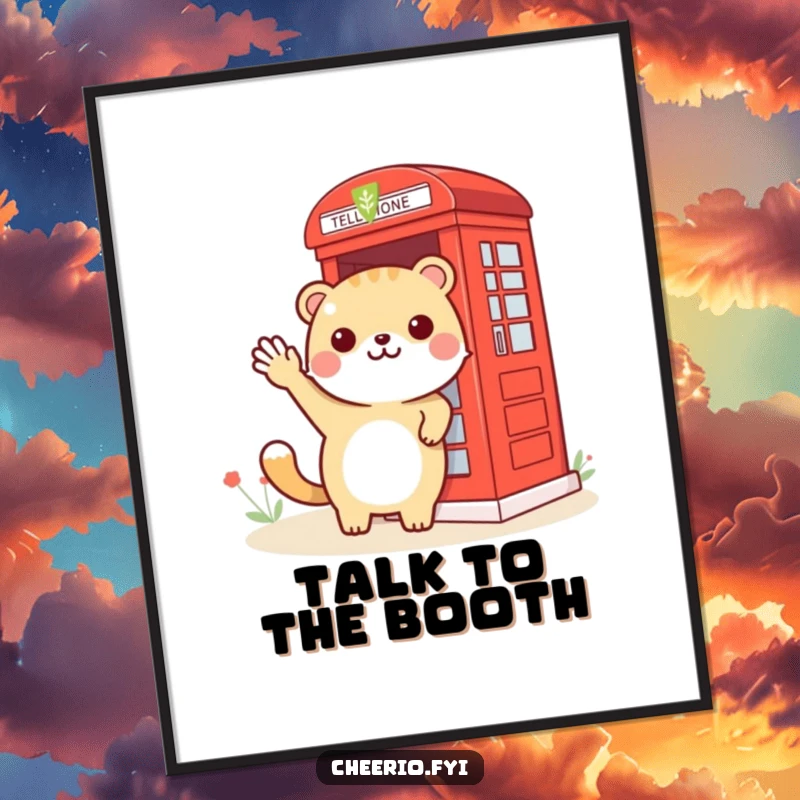 Funny animal waving towards a red phone booth, a digital art print for humorous decor.