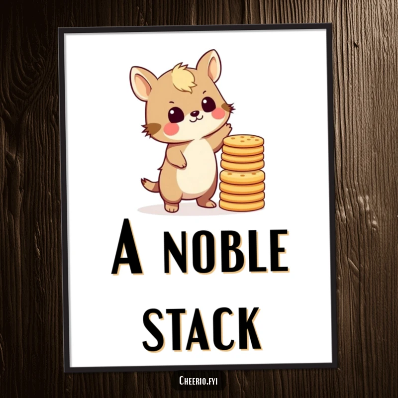 Funny British animal character balancing a tall stack of biscuits, presented as humorous digital art for tea time enthusiasts.