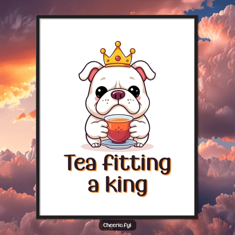 Funny digital art of a jolly bulldog wearing a miniature crown, offering a cup of tea with regal grace.