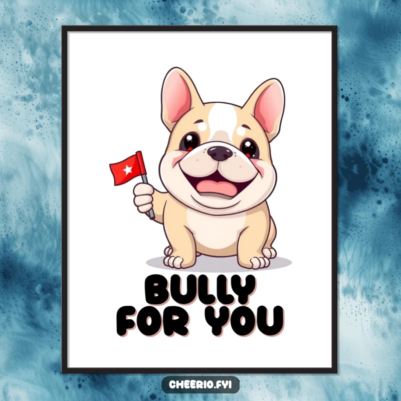 Funny Bulldog Digital Art: A happy bulldog with a proud grin holds a miniature flag, ready to print.