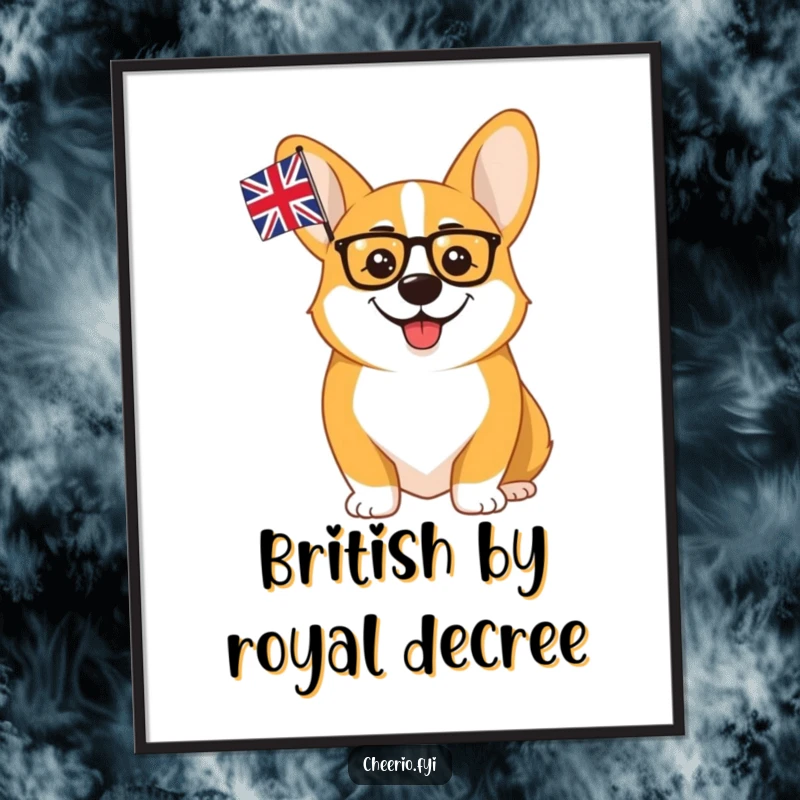 Funny Corgi Monocle Union Jack Digital Art Print: A cheerful corgi with a monocle waves the union flag, offering instant British charm.