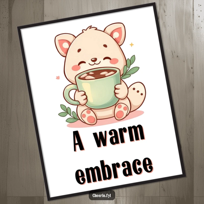 Funny digital art print of a friendly animal character offering a steaming cup of cocoa, radiating warmth and comfort.