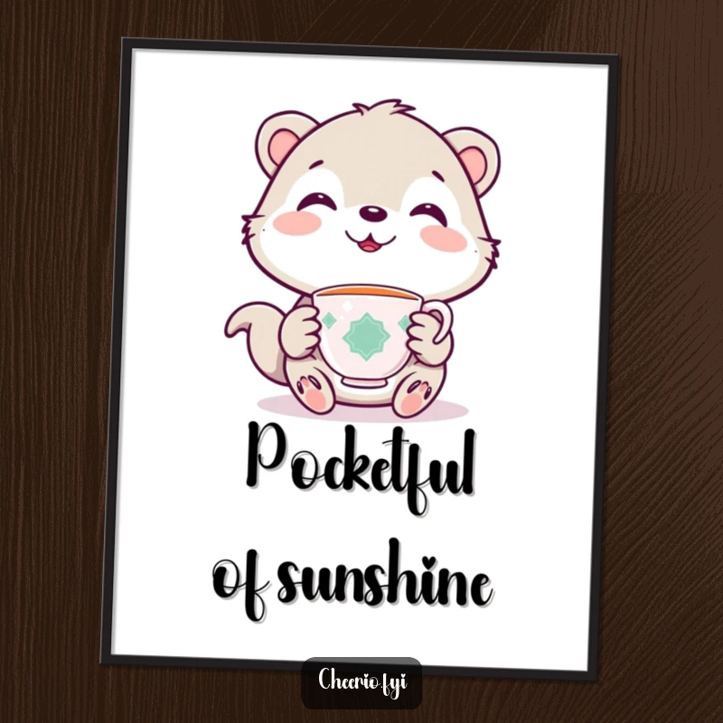 Funny digital art print of a cute animal holding a tiny teacup, smiling warmly, available for download.
