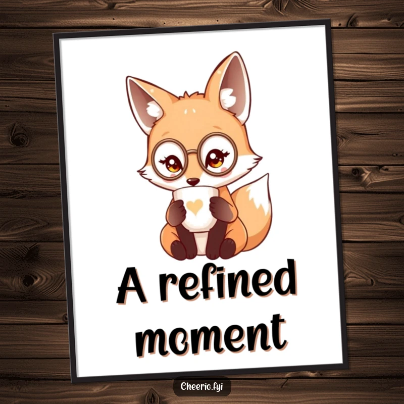 Funny cute fox wearing a miniature monocle sipping tea from a delicate cup, digital art print.