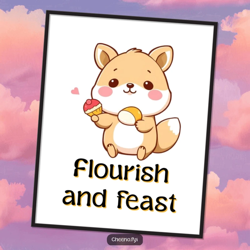 Funny digital art print of a happy animal offering a pastry, providing instant sweet charm and humor for wall decor, perfect funny gift.