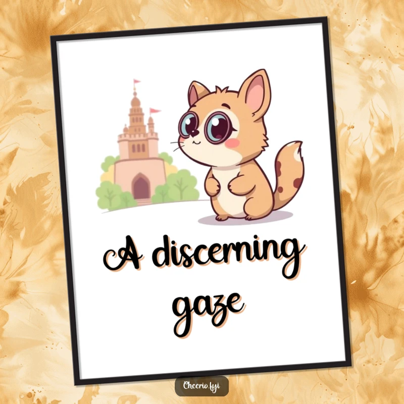 Funny curious animal wearing a monocle peers at a distant landmark on a witty digital art print.