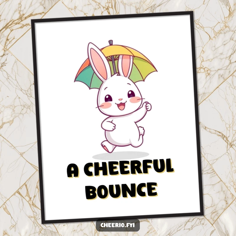Funny digital art print of a happy rabbit character gleefully hopping with a miniature umbrella, symbolizing joy.