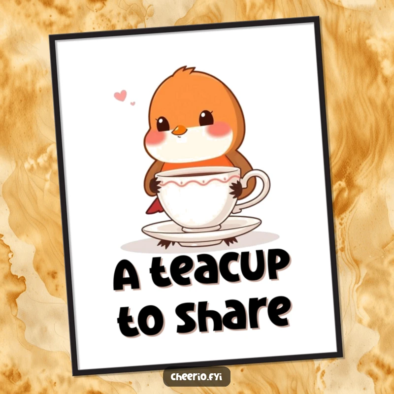 Funny playful robin with very proper posture offering a teacup, digital art print for download.