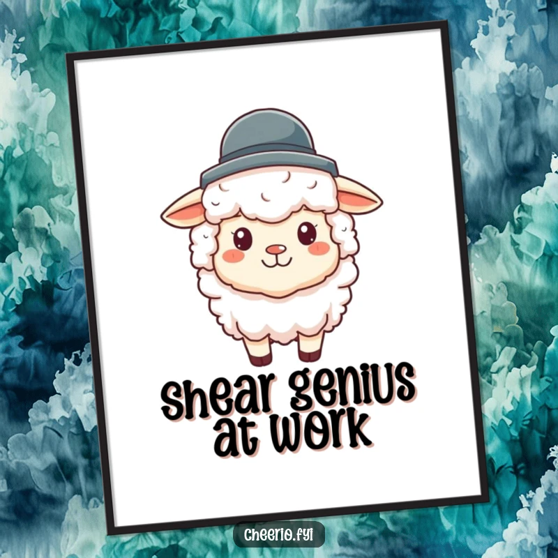 Funny sheep digital art print showing a fluffy sheep with a cheerful vibe, wearing a miniature bowler hat, ready to be framed.