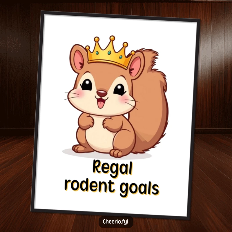 Funny squirrel wearing a tiny crown, presented as a high-resolution digital art print. A regal funny gift.