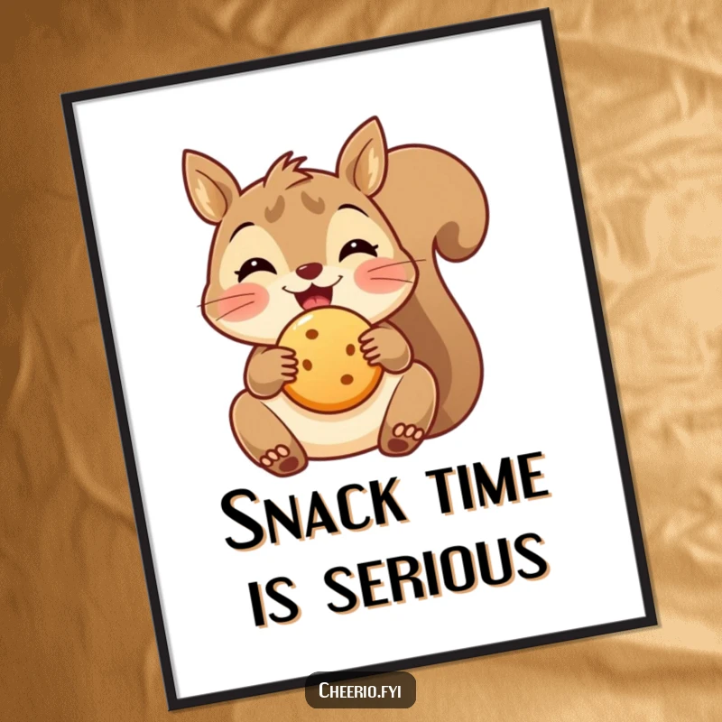 Funny delighted squirrel digital art print holding a round biscuit, bringing cheerful snack-time charm to walls.