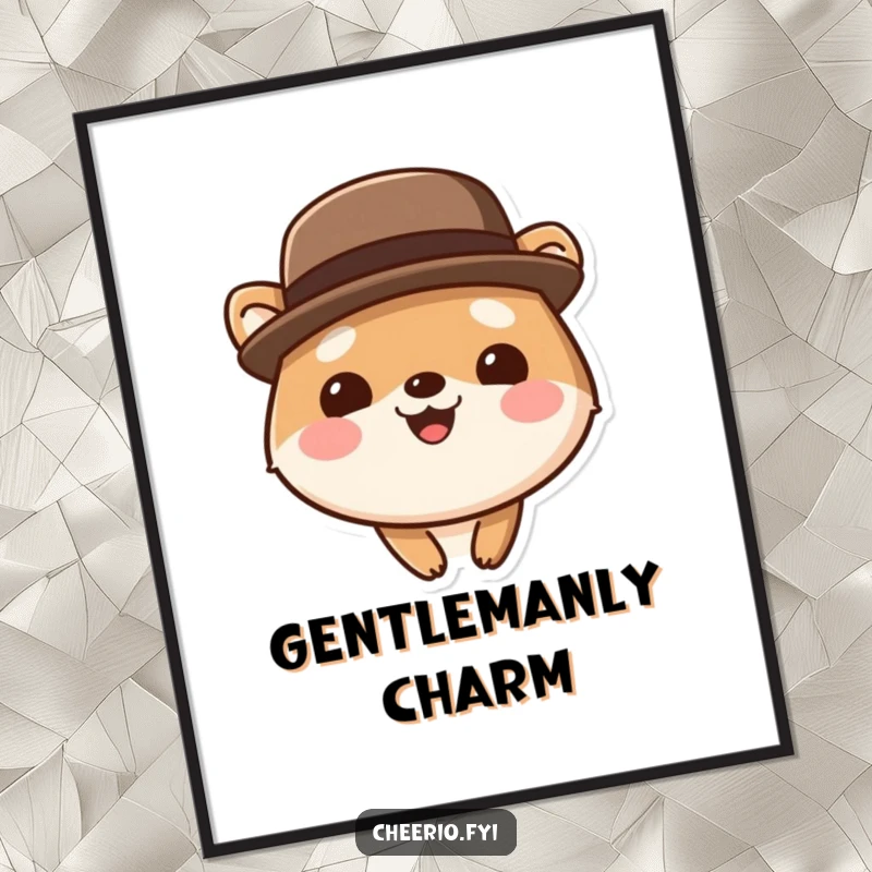 Funny cute animal digital art print wearing a bowler hat, smiling broadly, ready to be printed and displayed.
