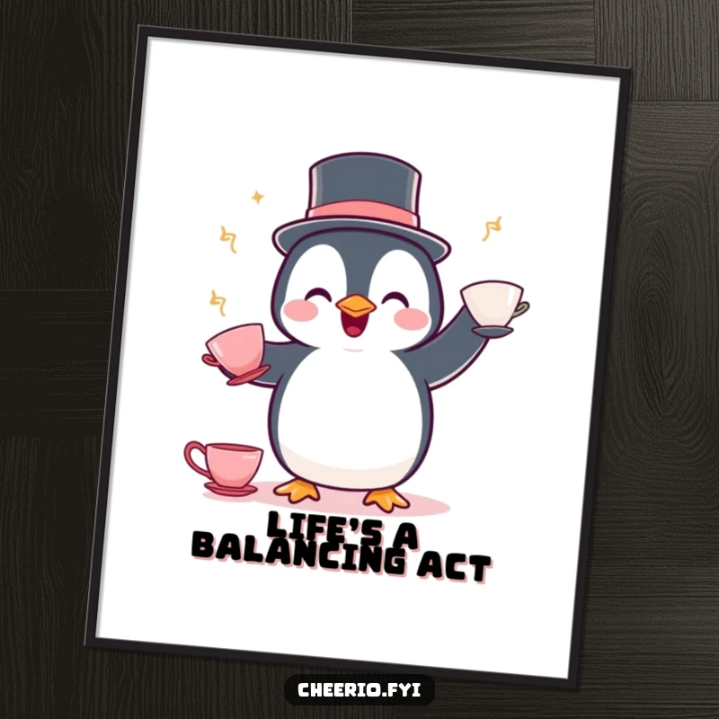 Funny Penguin Juggling Digital Art Print: A delighted penguin wearing a bowler hat juggles teacups, offering instant whimsical charm.