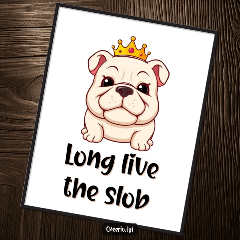 Funny bulldog digital art print showing a jolly bulldog wearing a miniature crown and a proud grin, ready for display.