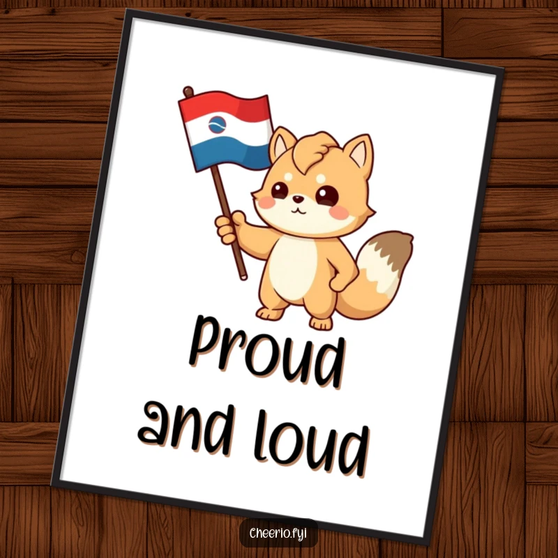 Funny digital art print of a proud, determined animal character gesturing towards a stylized flag, conveying patriotism.