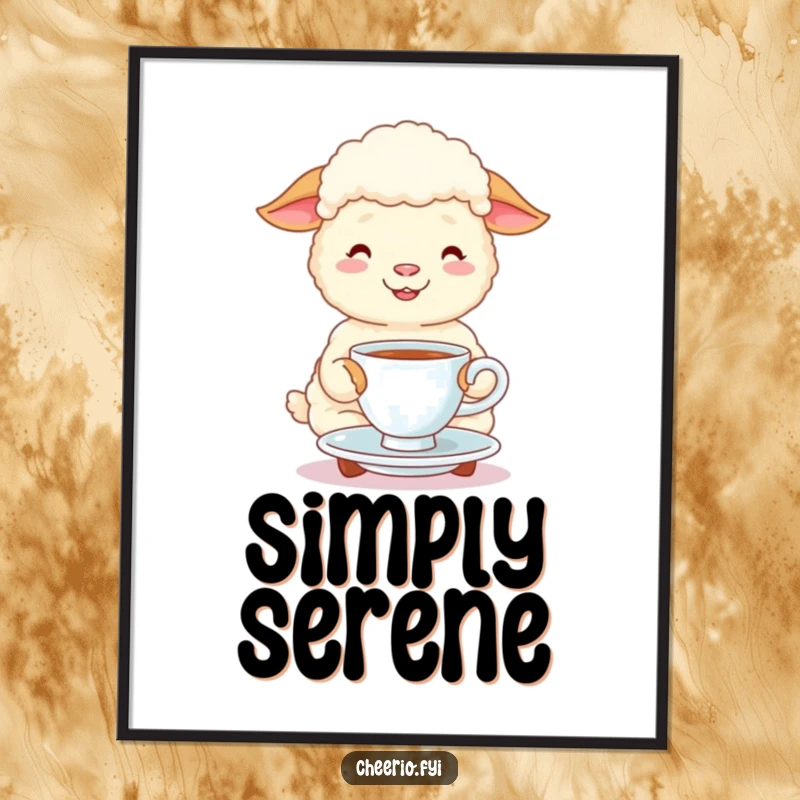Funny happy sheep sips merrily from a tea cup and saucer on a whimsical digital art print.