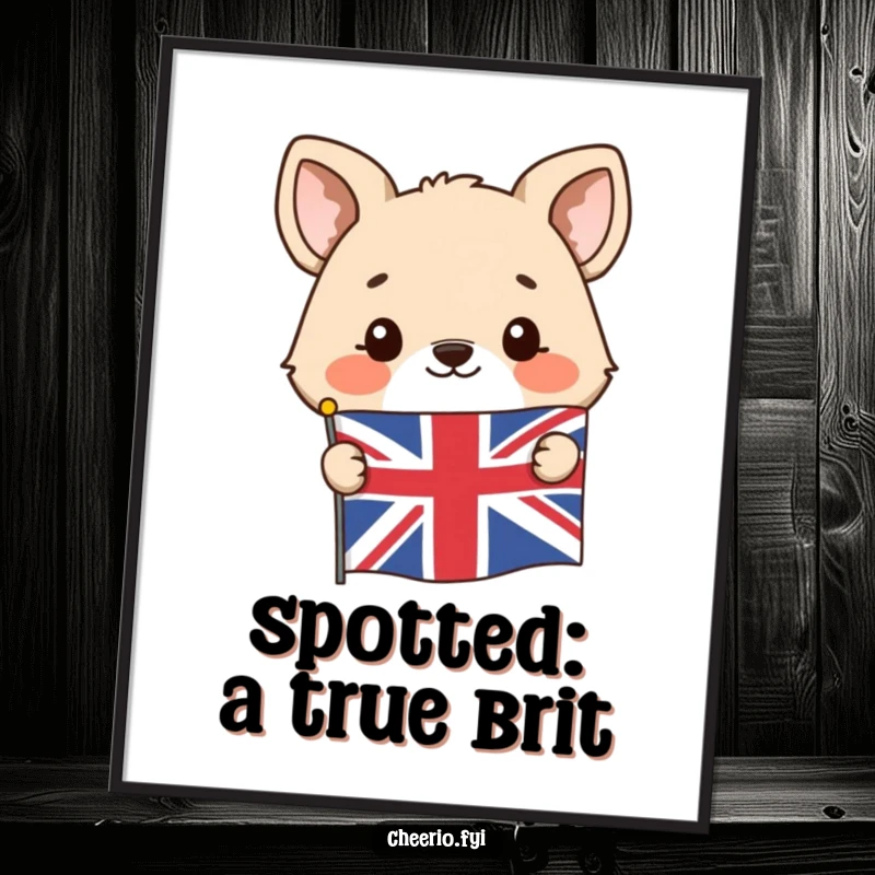 Funny digital art print of a happy animal character peeking from behind a Union Jack flag, full of cheer.