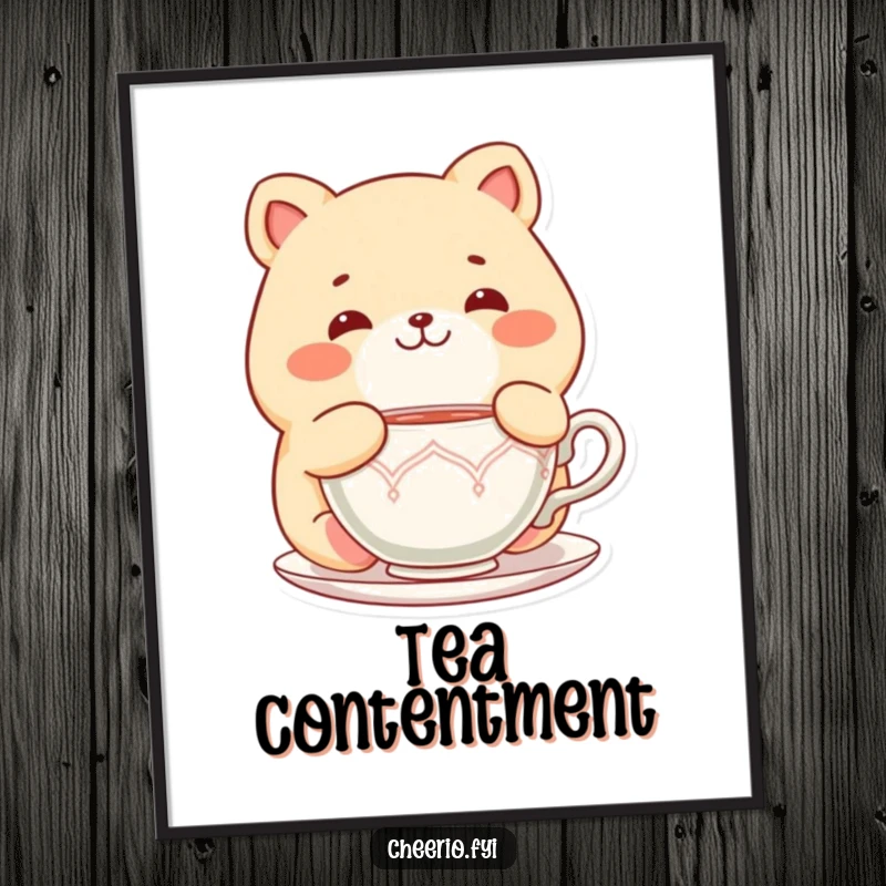 Funny Chubby Cat Digital Art Print: A chubby cat character delighted with a teacup, ideal for instant cozy decor, funny gift.